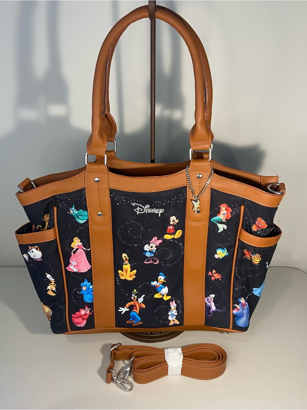 Disney Bradford Exchange Black Tote with Tan Trim and Colorful Character Prints